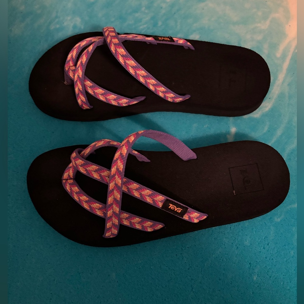 Teva Black Sandals with Purple and Pink Braided Straps - Picture 2 of 3